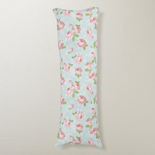 Roze Rozen op Blauw Land Body Kussen (Voorkant Verticaal)