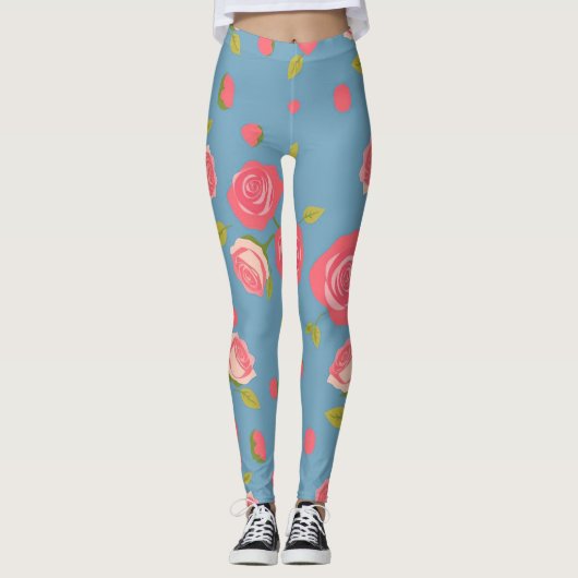 Roze rozen op blauwe achtergrond leggings (Voorkant)