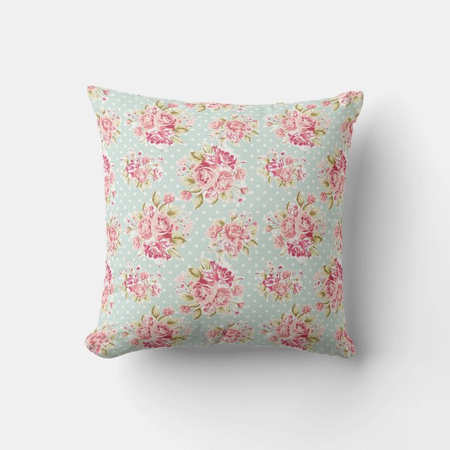 Roze rozen op Blue Polka Dot  Shabby Chic Kussen (Voorkant)