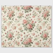 Roze Rozen op Crème Wrapping Paper Roll Cadeaupapier (Vlak)