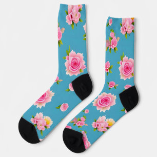 Roze rozen op een blauwe achtergrond sokken