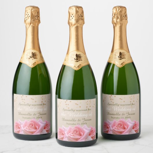 Roze rozen op Glitzy Bleek Taupe Champagne Label Sparkling Wijnetiket (Flessen)