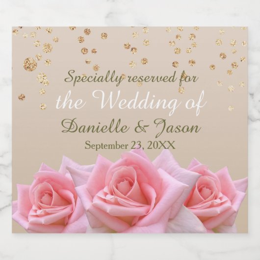 Roze rozen op Glitzy Bleek Taupe Champagne Label Sparkling Wijnetiket (Enkel label)
