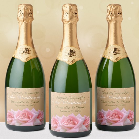 Roze Rozen op Glitzy Gold Mousserende Wijn Label Sparkling Wijnetiket