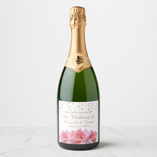 Roze Rozen op Glitzy White Mousserende Wijn Label Sparkling Wijnetiket (Voorkant)