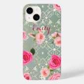  roze rozen op Gold Blauwgroen Damask (aangepaste  Case-Mate iPhone Case (Achterkant)