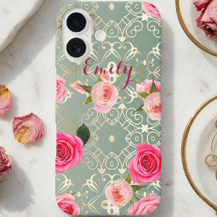 roze rozen op Gold Blauwgroen Damask (aangepaste iPhone 16 Hoesje