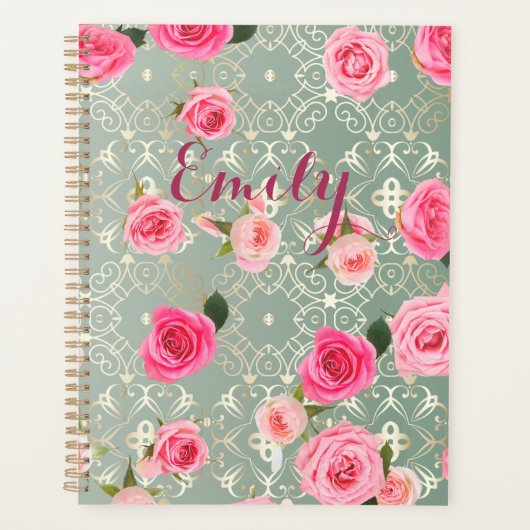  roze rozen op Gold Blauwgroen Damask (aangepaste  Planner (Voorkant)