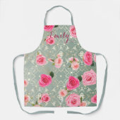  roze rozen op Gold Blauwgroen Damask (aangepaste  Schort (Voorkant)