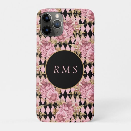 Roze rozen op Harlequin Monogram Case-Mate iPhone Case (Achterkant)