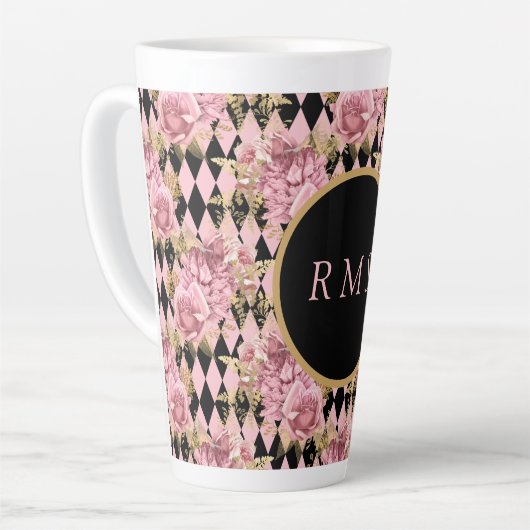 Roze rozen op Harlequin Monogram Latte Mok (Linkerhoek)