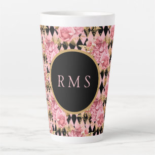 Roze rozen op Harlequin Monogram Latte Mok