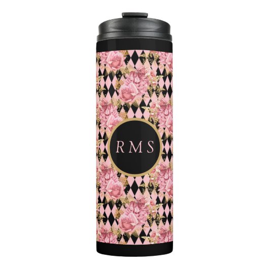 Roze rozen op Harlequin Monogram Thermosbeker (Voorkant)