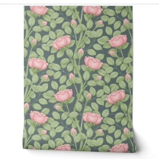 Roze Rozen op leisteen blauw Behang