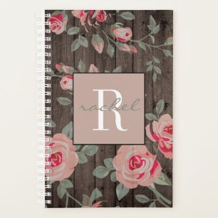 Roze Rozen op rustieke houten monogram planner