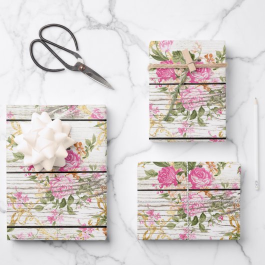 Roze rozen op witte schuurplanken inpakpapier vel (Voorkant)