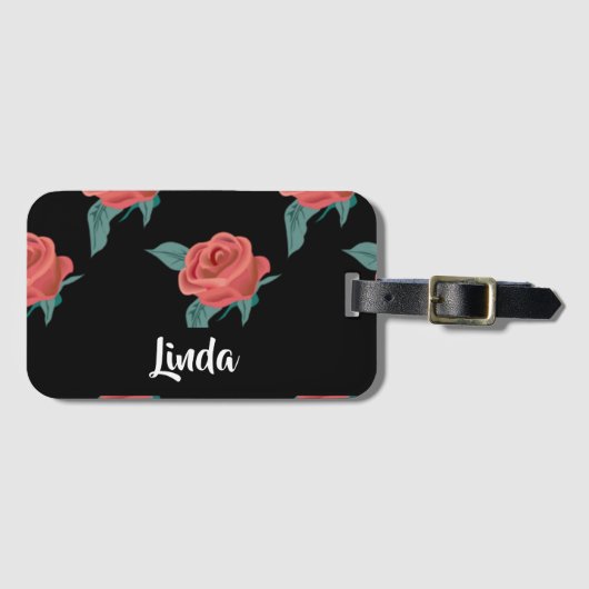 Roze rozen op zwart bagagelabel (Voorkant (horizontaal))