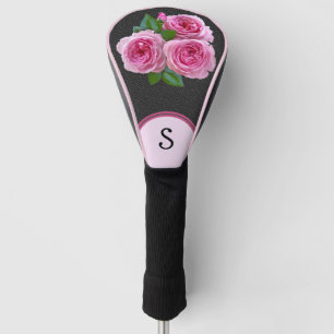 Roze Rozen op zwart bloemig monogram dame Golfheadcover