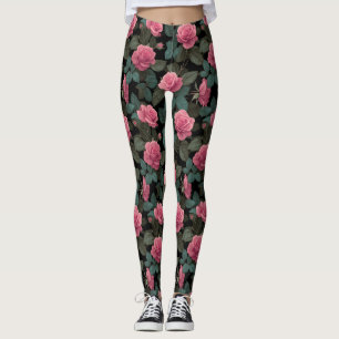 Roze rozen op zwart bloempatroon leggings