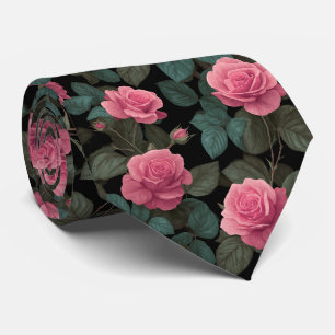 Roze rozen op zwart bloempatroon stropdas