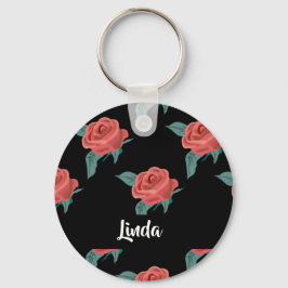 Roze rozen op zwart sleutelhanger