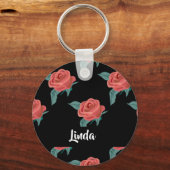 Roze rozen op zwart sleutelhanger (Voorkant)
