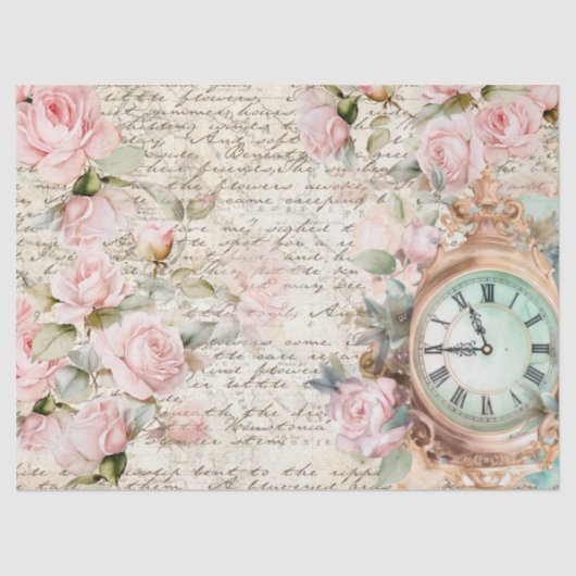  roze rozen oude letter klok decoupage tissuepapier (Voorkant)