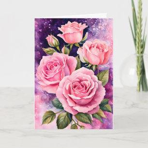 Roze Rozen Paarse achtergrond Verjaardag Kaart