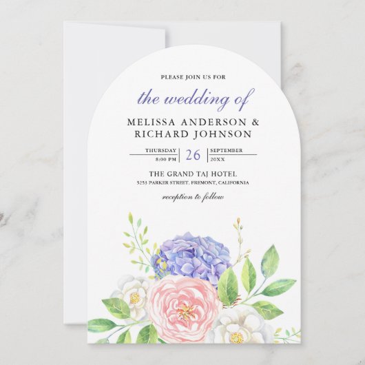 Roze Rozen Paarse Hortensia Bloemige Trouwdag Kaart (Voorkant)