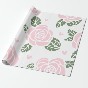 Roze Rozen Patroon met groene bladeren en harten Cadeaupapier