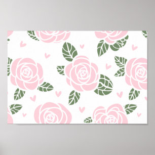 Roze Rozen Patroon met groene bladeren en harten Poster