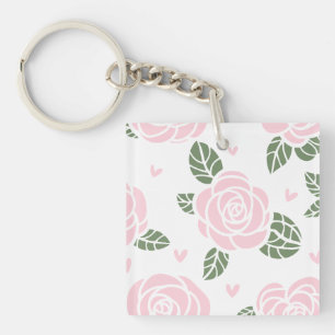Roze Rozen Patroon met groene bladeren en harten Sleutelhanger