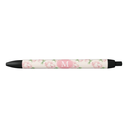 Roze Rozen Patroon Monogrammen Zwarte Inkt Pen (Voorkant)