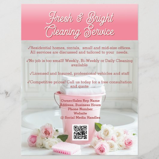 Roze Rozen QR Code Cleaning Service Business Flyer (Voorkant)