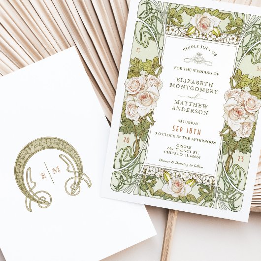 Roze Rozen Romantische Art Nouveau Bruiloft Kaart