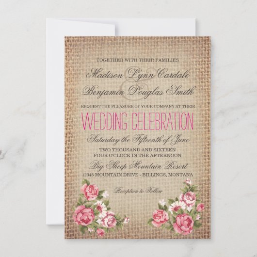  roze rozen roustic Burlap Wedding Invites Kaart (Voorkant)