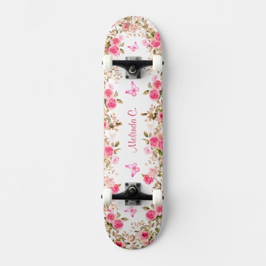 Roze Rozen & Roze Vlinders Skateboard (Voorkant)