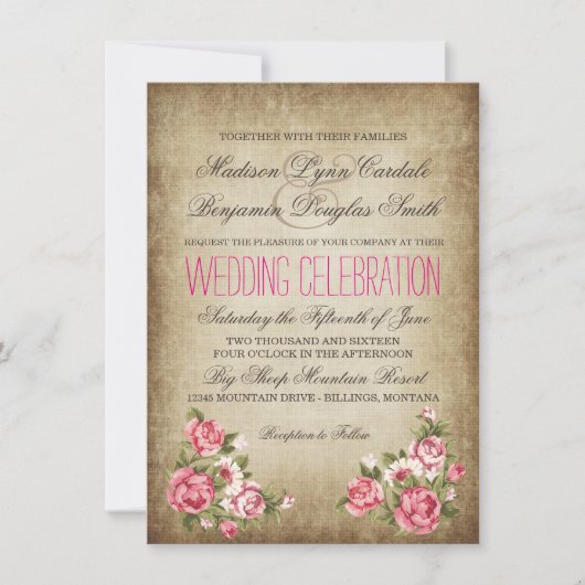  roze rozen Rustic Wedding Invitations Kaart (Voorkant)