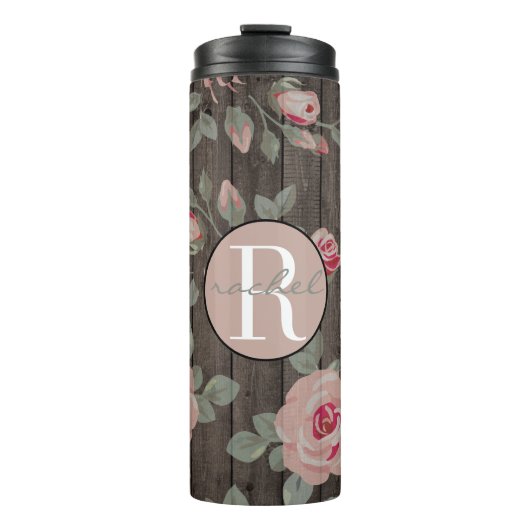 Roze Rozen/Rustiek Hout Monogrammed Thermal Tumble Thermosbeker (Voorkant)