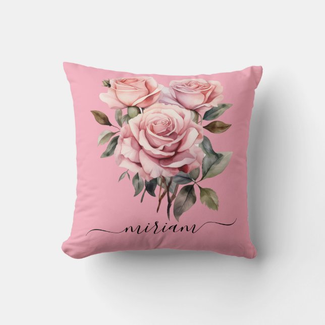 Roze rozen saliegroen klassiek bloemmotief  kussen (Voorkant)