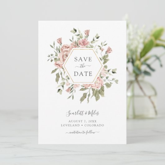 Roze rozen save the date (Staand voorkant)