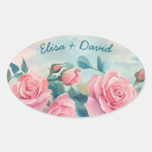 Roze Rozen Schilderen Bruidsdouche Aangepast Ovale Sticker