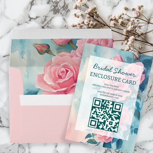 Roze Rozen Schilderen Bruidsdouche Aangepaste QR C Informatiekaartje