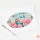 Roze Rozen Schilderij Bruidsdouche Aangepast Ovale Sticker (Envelop)
