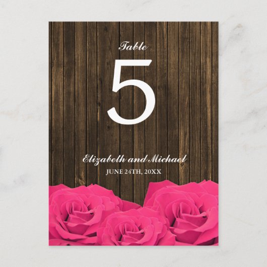Roze Rozen Schuur Hout Trouwtafel Nummer Briefkaart (Voorkant)