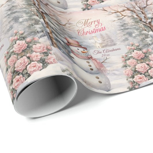 Roze Rozen, Sneeuwman Kerstdorp Cadeaupapier (Rol Hoek)
