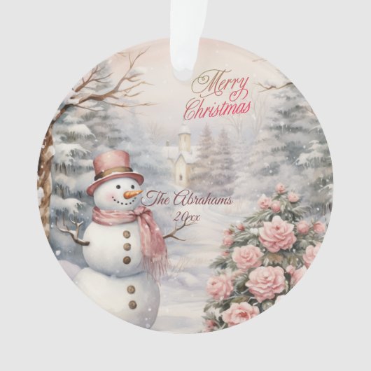  Roze Rozen, Sneeuwman Kerstdorp Ornament (voorkant)