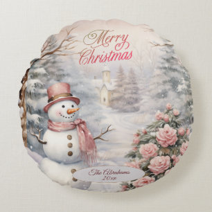 Roze Rozen, Sneeuwman Kerstdorp Rond Kussen