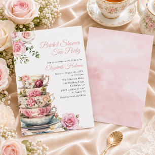Roze Rozen Theekopje Bruidsuitnodiging Thee Feest Kaart
