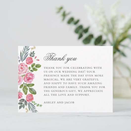 Roze rozen. tuinbloemen. Bloemenbruiloft Bedankkaart (Staand voorkant)
